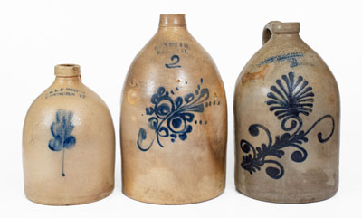 Lot of Three: Northeastern Stoneware Jugs with Floral Decoration