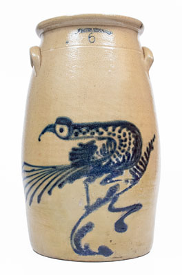 6 Gal. WHITES UTICA Stoneware Churn w/ Elaborate Slip-Trailed Bird Decoration
