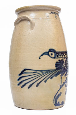 6 Gal. WHITES UTICA Stoneware Churn w/ Elaborate Slip-Trailed Bird Decoration