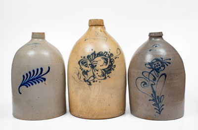 Lot of Three: Decorated Northeastern U.S. Stoneware Jugs, c1875