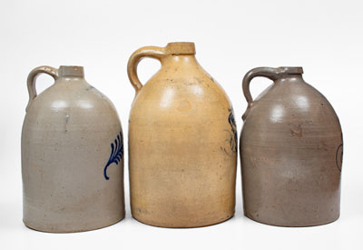 Lot of Three: Decorated Northeastern U.S. Stoneware Jugs, c1875