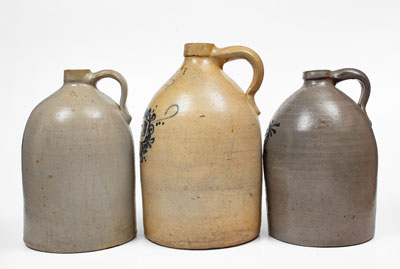 Lot of Three: Decorated Northeastern U.S. Stoneware Jugs, c1875