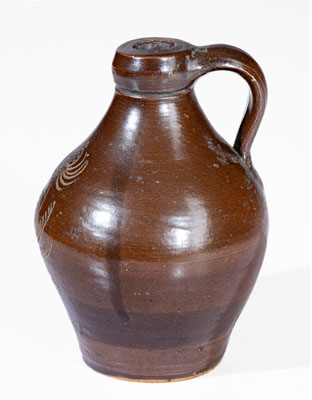 Miniature Albany-Glazed Northeastern Stoneware Jug w/ Incised Floral, possibly Julius Norton