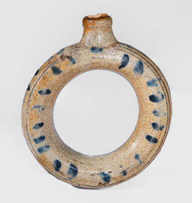 Rare Small-Sized Stoneware Ring Flask w/ Cobalt Decoration