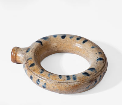 Rare Small-Sized Stoneware Ring Flask w/ Cobalt Decoration