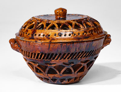 Rare Pierced Work Pennsylvania Redware Sugar Bowl w/ Lid