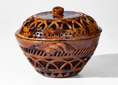 Rare Pierced Work Pennsylvania Redware Sugar Bowl w/ Lid