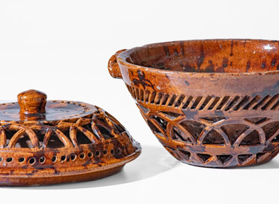 Rare Pierced Work Pennsylvania Redware Sugar Bowl w/ Lid