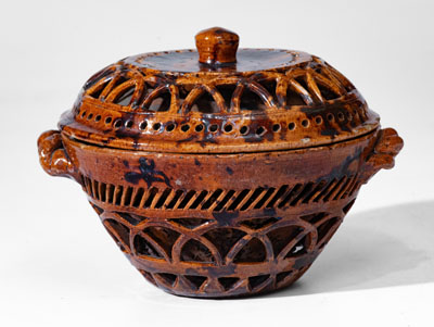 Rare Pierced Work Pennsylvania Redware Sugar Bowl w/ Lid