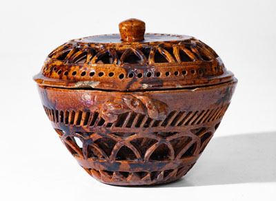 Rare Pierced Work Pennsylvania Redware Sugar Bowl w/ Lid