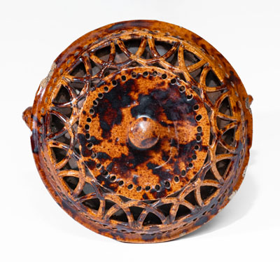 Rare Pierced Work Pennsylvania Redware Sugar Bowl w/ Lid