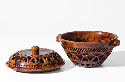 Rare Pierced Work Pennsylvania Redware Sugar Bowl w/ Lid