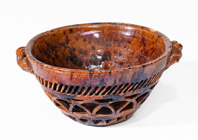 Rare Pierced Work Pennsylvania Redware Sugar Bowl w/ Lid