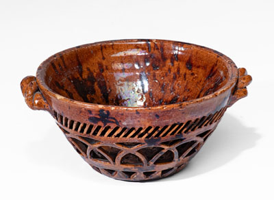 Rare Pierced Work Pennsylvania Redware Sugar Bowl w/ Lid