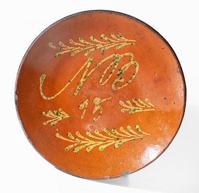 Rare and Fine Redware Charger w/ Copper Slip Decoration, Norwalk, CT or Poughkeepsie, NY