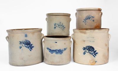 Lot of Five: Stenciled Stoneware Crocks attrib. Ballardvale, Mass.