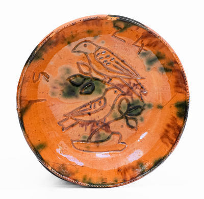 Fine Glazed Jacob Medinger Dish w/ Incised Double Bird Decoration and 1924 Date, Descended in Family 