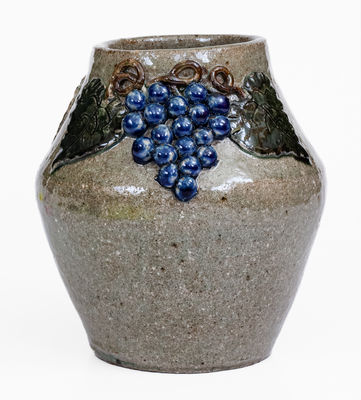 Alkaline-Glazed Stoneware Vase w/ Applied Grapes Motif, Signed 
