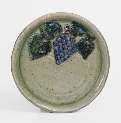 Alkaline-Glazed Stoneware Dish w/ Applied Grapes Motif, Signed 