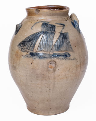 Outstanding Stoneware Jar w/ Exceptional Incised Ship, probably Middlesex County, NJ, c1825