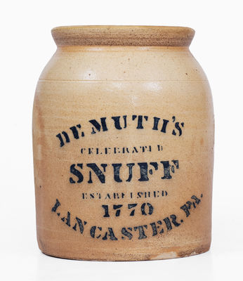 Very Rare PFALTZGRAFF (York, PA) Stoneware Jar, Demuth's Snuff  / Lancaster, PA