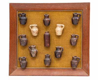 Framed Miniature American Stoneware Jugs, Illustrated in Elmer Smith's 1972 POTTERY Book