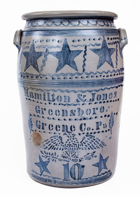 Outstanding Ten-Gallon Hamilton & Jones / Greensboro, PA Stoneware Jar w/ Elaborate Eagle and Star Motifs