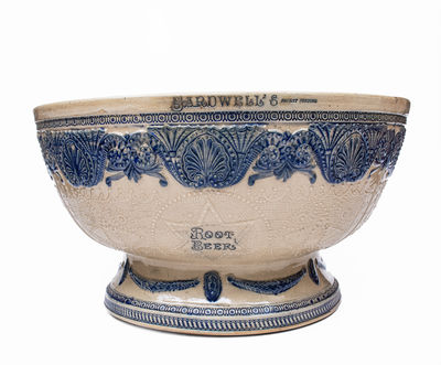 Large Stoneware Molded Punchbowl Advertising BARDWELL'S ROOT BEER, Whites Utica