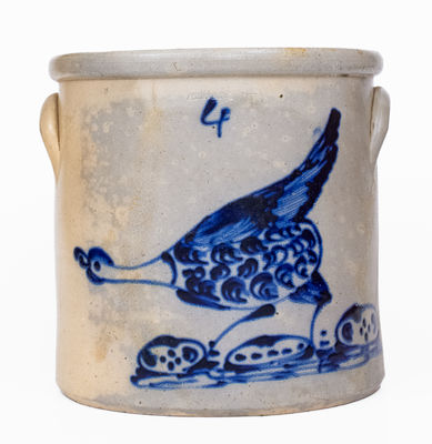 4 Gal. ALBANY, NY Stoneware Crock w/ Large Chicken Decoration, c1860