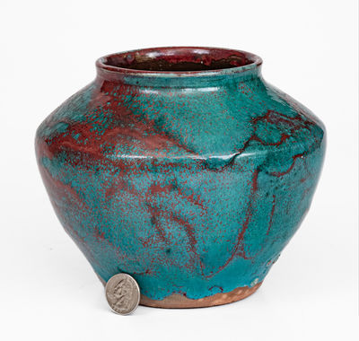 JUGTOWN WARE, Moore County, NC Pottery Vase w/ Chinese Blue Glaze, c1930