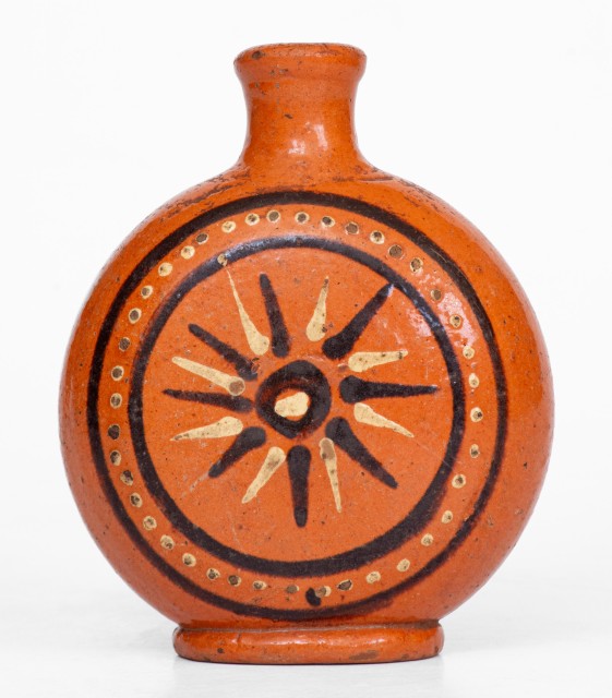 Alamance County, NC Redware Flask with Two-Color Slip Star Decoration, c1790-1820