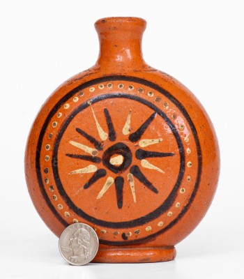 Alamance County, NC Redware Flask with Two-Color Slip Star Decoration, c1790-1820