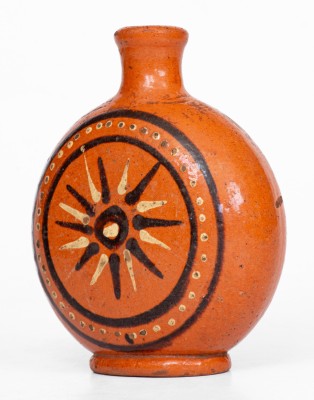 Alamance County, NC Redware Flask with Two-Color Slip Star Decoration, c1790-1820