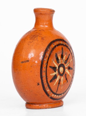 Alamance County, NC Redware Flask with Two-Color Slip Star Decoration, c1790-1820