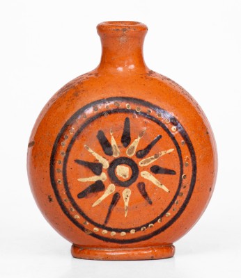 Alamance County, NC Redware Flask with Two-Color Slip Star Decoration, c1790-1820