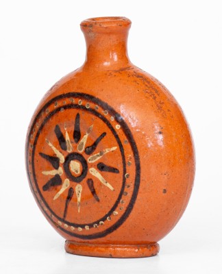 Alamance County, NC Redware Flask with Two-Color Slip Star Decoration, c1790-1820
