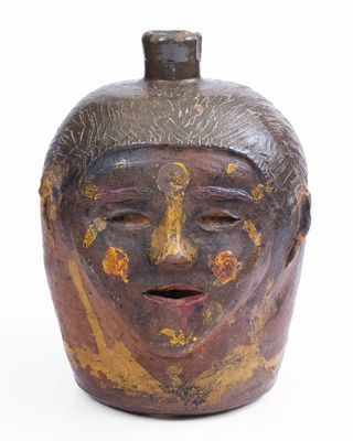 Exceedingly Rare Painted Stoneware Face Jug attrib. Hewell Family, Gillsville, GA, c1920