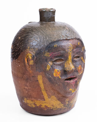 Exceedingly Rare Painted Stoneware Face Jug attrib. Hewell Family, Gillsville, GA, c1920