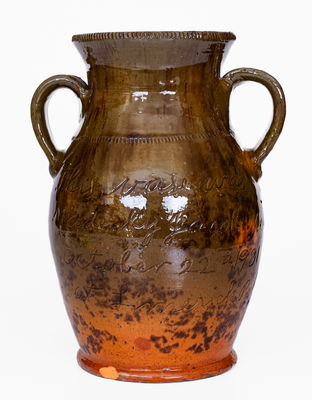 Fine Jacob Medinger (Montgomery Co, PA) Redware Vase w/ Elaborate Inscription, Descended in Family