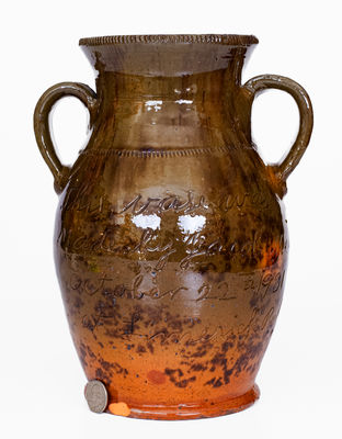 Fine Jacob Medinger (Montgomery Co, PA) Redware Vase w/ Elaborate Inscription, Descended in Family