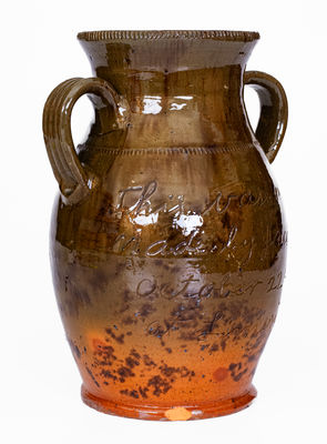 Fine Jacob Medinger (Montgomery Co, PA) Redware Vase w/ Elaborate Inscription, Descended in Family
