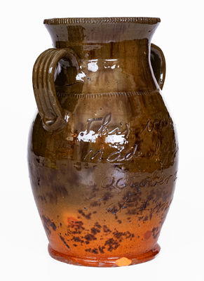 Fine Jacob Medinger (Montgomery Co, PA) Redware Vase w/ Elaborate Inscription, Descended in Family