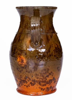 Fine Jacob Medinger (Montgomery Co, PA) Redware Vase w/ Elaborate Inscription, Descended in Family