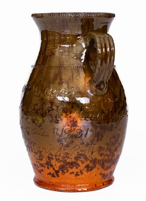 Fine Jacob Medinger (Montgomery Co, PA) Redware Vase w/ Elaborate Inscription, Descended in Family