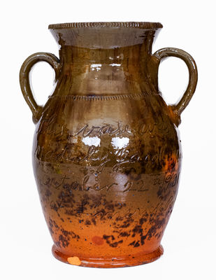 Fine Jacob Medinger (Montgomery Co, PA) Redware Vase w/ Elaborate Inscription, Descended in Family