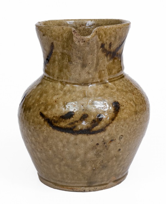 Rare Small-Sized Alkaline-Glazed Stoneware Pitcher with Iron Slip Decoration, attributed to Thomas Chandler, Edgefield District, SC, circa 1845.