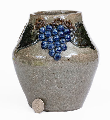Alkaline-Glazed Stoneware Vase w/ Applied Grapes Motif, Signed 