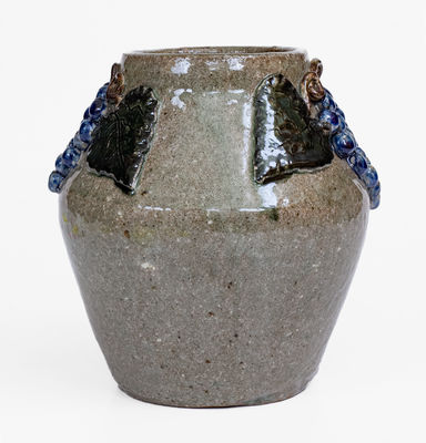 Alkaline-Glazed Stoneware Vase w/ Applied Grapes Motif, Signed 