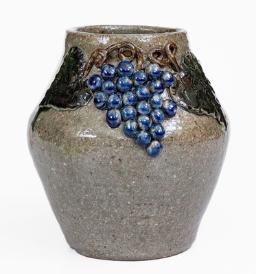 Alkaline-Glazed Stoneware Vase w/ Applied Grapes Motif, Signed 