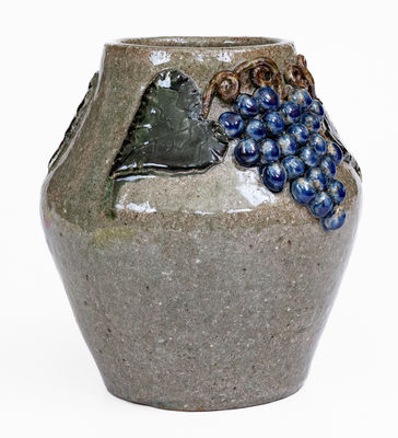 Alkaline-Glazed Stoneware Vase w/ Applied Grapes Motif, Signed 
